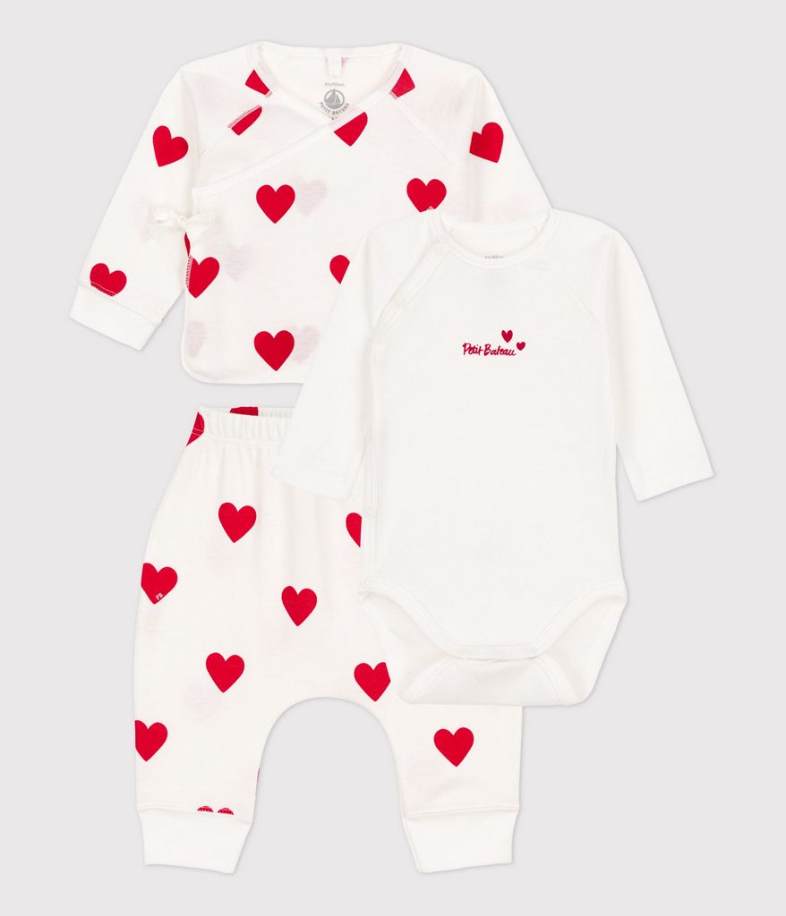 A084W LALLA 01 WHITE RED BODYSUITS CARDIGAN HEARTS NEWBORN OUTFITS PANTS