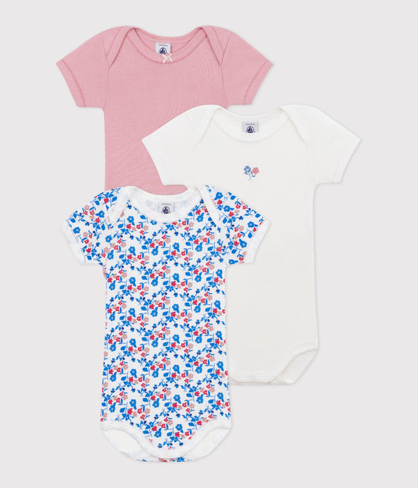 Lot De 3 Bodies Manches Longues Petit Bateau - Imprimé Fleuri Et Uni - Coton Extensible, Encolure Américaine - Pour Bébé Fille
